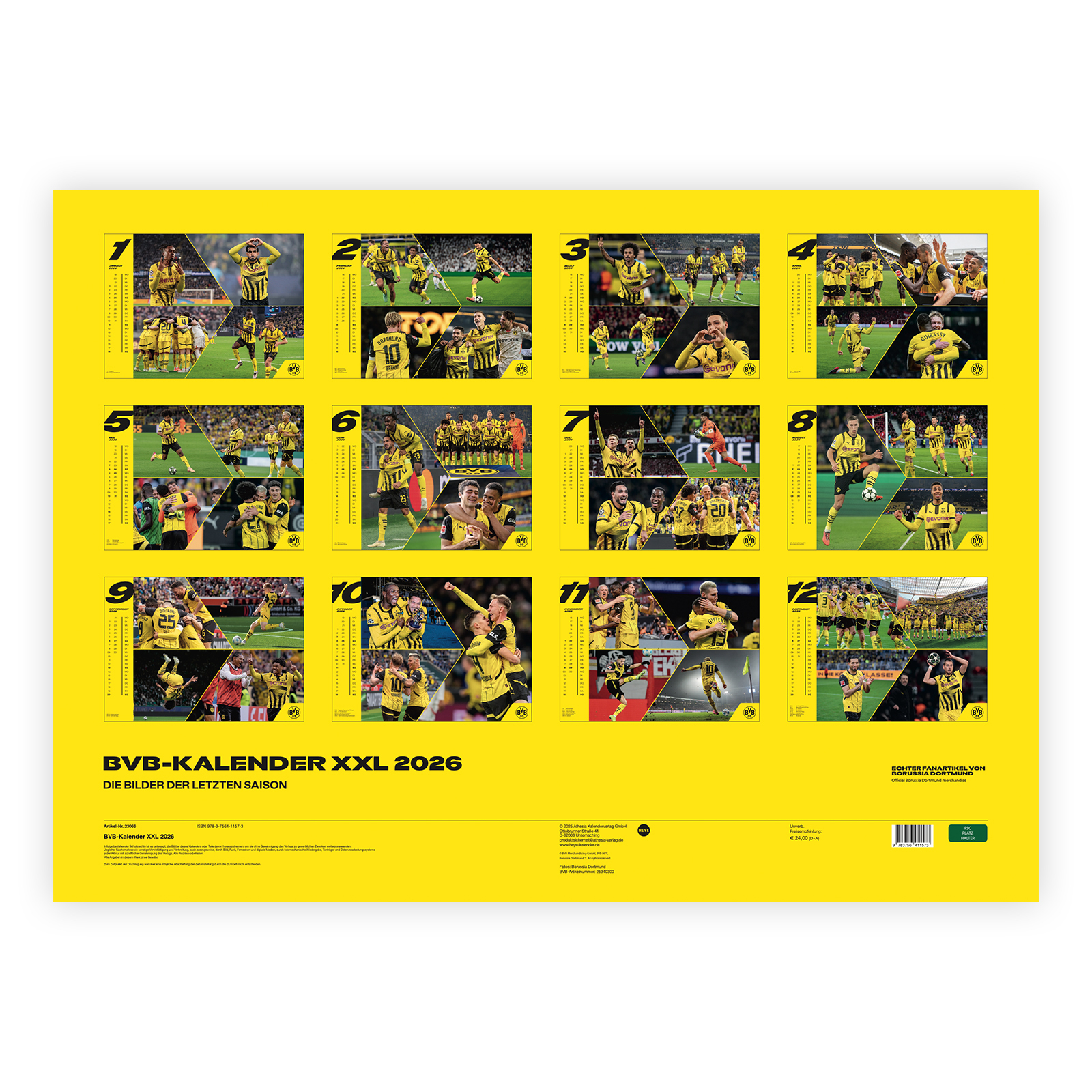 BVB Kalender XXL 2026 - Offizieller BVB Online Fanshop BVB Trikotkalender 2026: Kalender im originalen Trikot-Design, per
